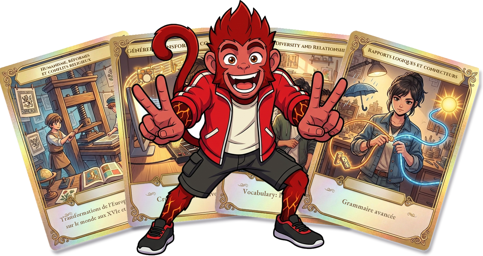 Le compagnon singe entouré de cartes de collection.