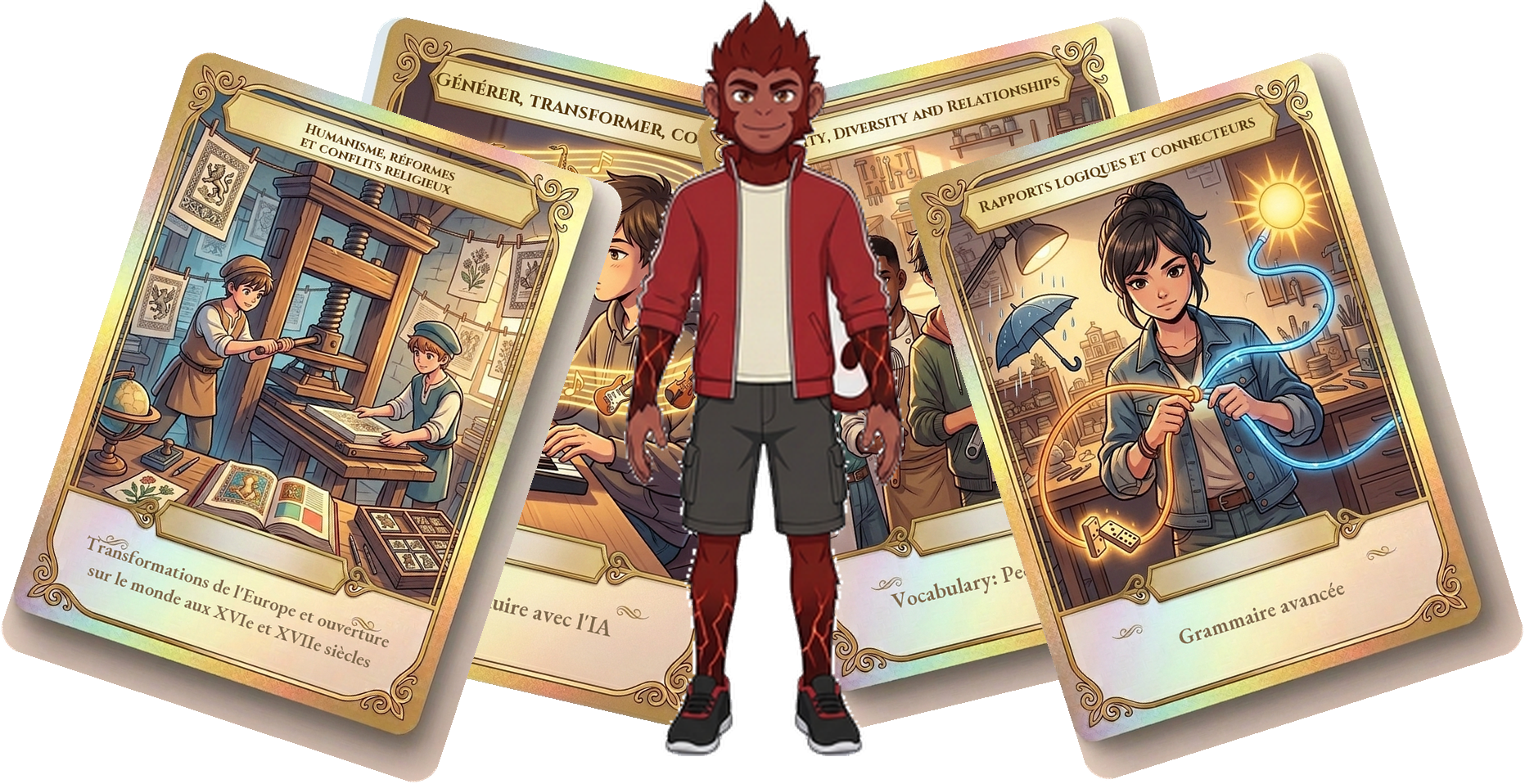 Le compagnon singe entouré de cartes de collection.