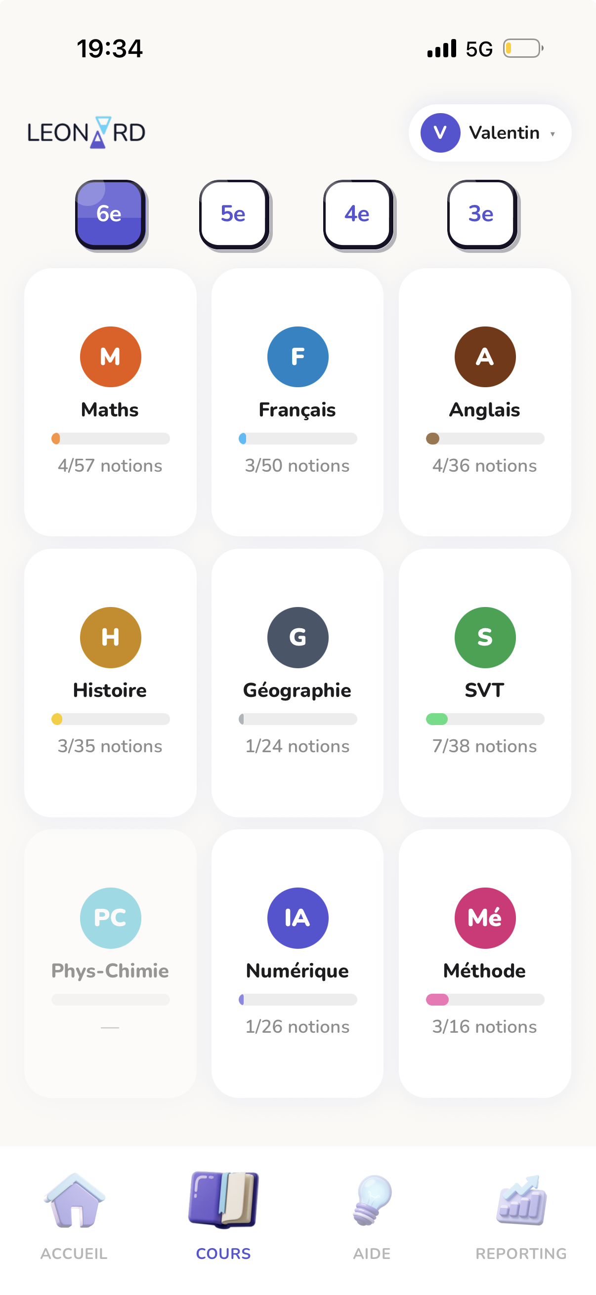Les neuf matières du programme, avec le nombre de notions travaillées dans chacune.