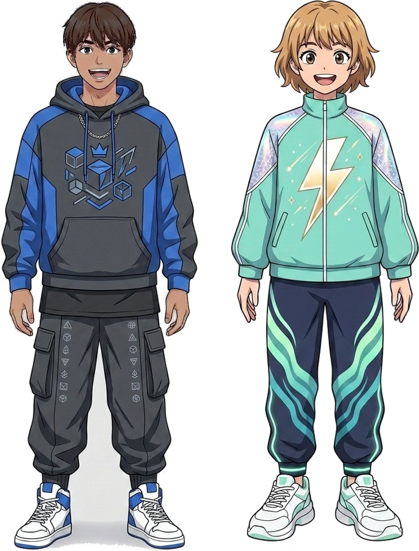 Deux personnages de l'application, chacun avec sa tenue.